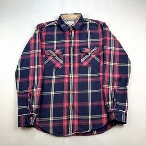 Wallace & Barnes Flannel Shirt Mens Medium Navy Blue Red Plaid Lumberjack Button